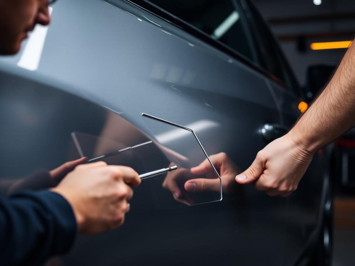 PDR technician working a dent out of a door panel